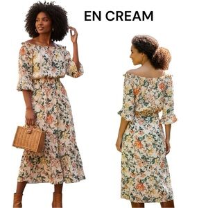 EN CREAM Boho Floral Off-Shoulder Dress size M mix of colors: peach, greens